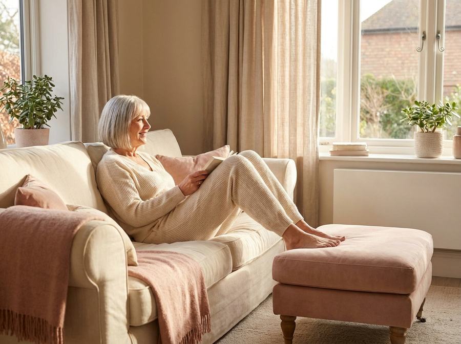 A woman resting with her legs elevated